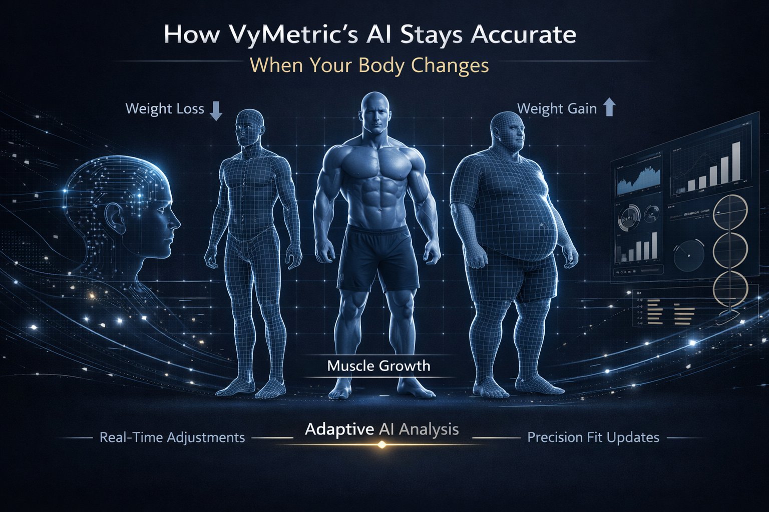 How VyMetric's AI stays accurate as the body changes: three body silhouettes showing weight loss, muscle growth, and weight gain, alongside an AI head and analytics dashboard