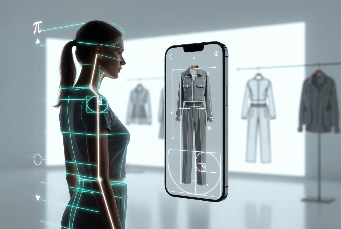 VyMetric Virtual Try-On: a shopper with golden-ratio measurement overlays previewing AR clothing on a smartphone